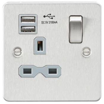 KnightsBridge Flat plate 13A 1G switched socket with dual USB charger (2.1A) - brushed chrome with grey insert