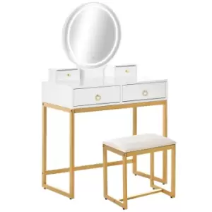 Makeup Vanity Table Set with 3-Color Touch Screen Dimmable Lighted Mirror - Dressing Desk with 4 Drawers and Cushioned Stool for Bedroom - White With