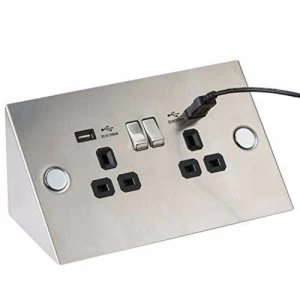 KnightsBridge 13A 2G Stainless Steel Mounting Socket with Twin USB Charging Ports