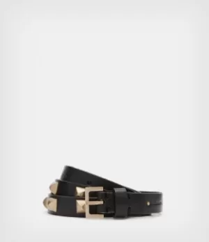 AllSaints Womens Sonia Skinny Studded Leather Belt, Black/warm Brass, Size: M