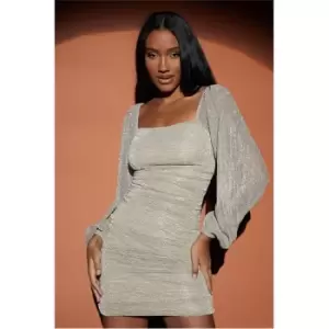 I Saw It First Glitter Plisse Square Neck Puff Sleeve Ruched Bodycon Dress - Metallics