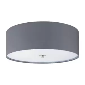 Flush Ceiling Light Colour Satin Nickel Shade Grey Fabric Glass Bulb E27 3x60W