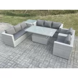 Fimous 8 Seater Outdoor Rattan Dining Sofa Complete Set with Adjustable Table and Side Table