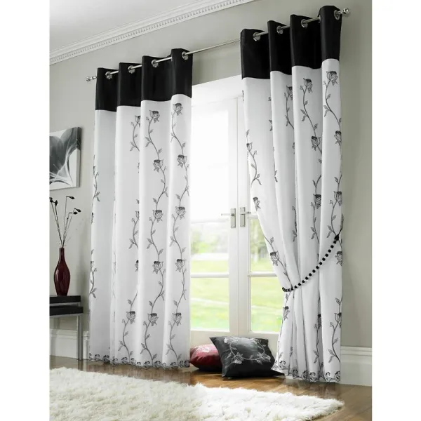 Essential Living Tahiti Lined Voile Eyelet Ring Top Curtains Black/White 142cm x 183cm