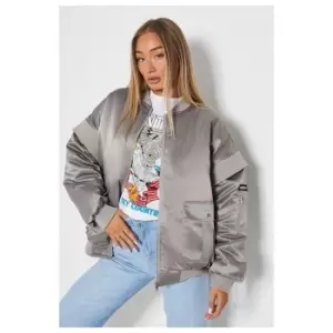 I Saw It First Oversized Satin Bomber Jacket - Grey