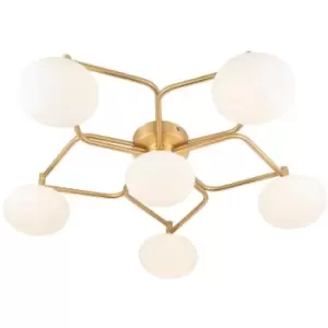 Merano Pesaro Decorative Flush Ceiling Lamp, Satin Brass Plate, Matt Opal Glass