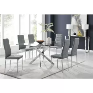 Furniturebox UK - Furniturebox Leonardo 150cm Modern Glass And Chrome Metal Leg Dining Table And 6 Elephant Grey Milan Faux Leather Silver Chrome Leg