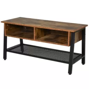 Homcom TV Stand 2 Compartments And Mesh Shelf With Cable Holes Black Metal Frame Rustic Wood Finish