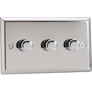 Varilight Classic 3-Gang 2-Way Push-On/Off Rotary LED Dimmer TwinPlate - Mirror Chrome - JCDP303