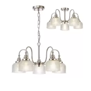 DeRuyter Semi Flush, Ceiling Pendant, 5 Light E27, Polished Nickel, Prismatic Glass