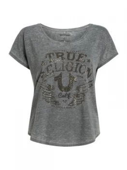 True Religion Scoop Neck Rhinestone Calif Logo Tee Black