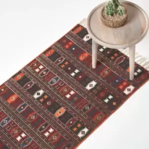 Cotton Kilim Printed Rug Terracotta,Black and Brown Design,66 x 200cm - Multi Colour - Homescapes