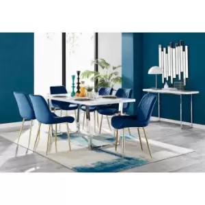 Furniture Box Kylo White High Gloss Dining Table and 6 Navy Pesaro Gold Leg Chairs