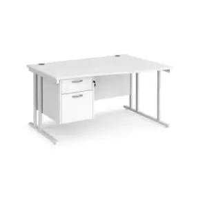 Office Desk Right Hand Wave Desk 1400mm With Pedestal White Top With White Frame Maestro 25 MC14WRP2WHWH