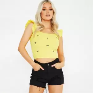 I Saw It First Petite Knitted Floral Embroidered Frill Detail Crop Top - Yellow