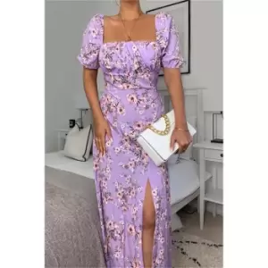 I Saw It First Lilac Floral Print Short Puff Sleeve Midi Dress - Purple