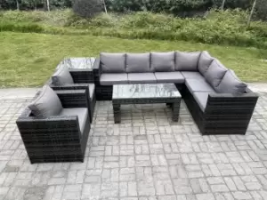 Fimous 8 Seater Outdoor Dark Grey Rattan Lounge Complete Sofa Set with Rectangular Coffee Table and Side Table Right Hand