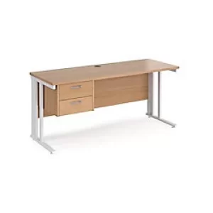 Rectangular Straight Desk Beech Wood Cable Managed Legs White Maestro 25 1600 x 600 x 725mm 2 Drawer Pedestal