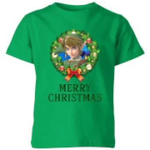 Nintendo The Legend Of Zelda Merry Christmas Wreath Kid's T-Shirt - Kelly Green - 9-10 Years