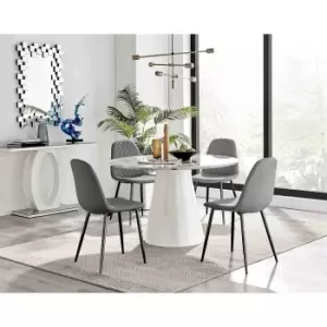 Furniture Box Palma White Marble Effect Round Dining Table and 4 Grey Corona Black Leg Chairs