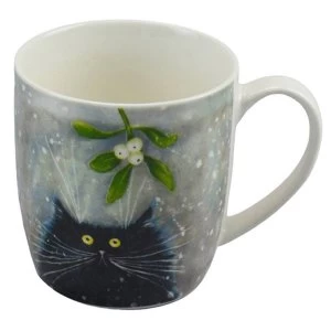 Kim Haskins Christmas Mistletoe Cat Porcelain Mug