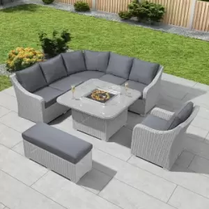 Nova Outdoor Living - Nova - Deluxe Harper Outdoor Rattan Corner Dining Set - Fire Pit Garden Table & Sofa with Armchair & Stool - White Wash