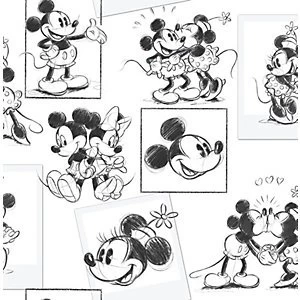 Disney Mickey and Minnie Sketch Grey Wallpaper - 10m