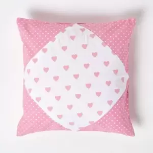 Homescapes - Cotton Pink Hearts and Polka Dots Cushion Cover, 45 x 45cm - Pink