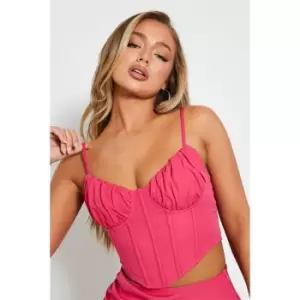 I Saw It First Stretch Woven Ruched Bust Mesh Detail Corset Top - Pink