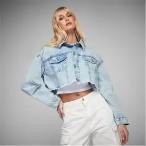 Missguided Raw Hem Cropped Denim Jacket - Blue