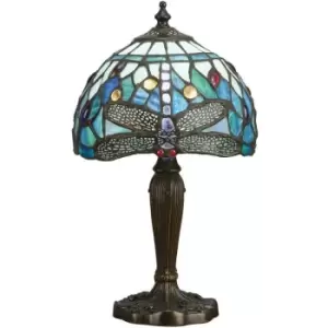 Interiors Dragonfly Blue - 1 Light Table Lamp Dark Bronze, Blue, Tiffany Style Glass, E14