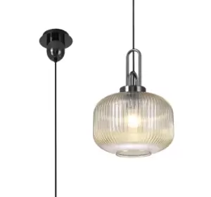 1 Light Pendant E27 With 30cm Pumpkin Shaped Ribbed Glass, Champagne Black Chrome, Matt Black