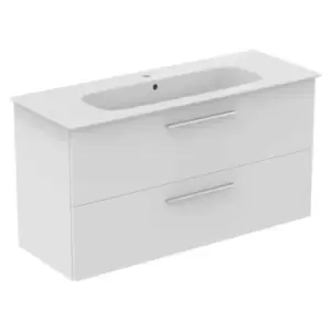 Ideal Standard I.life A 120Cm Matt White Wall Hung Vanity Unit, 124Cm White Vanity Basin And Chrome Handle Pack