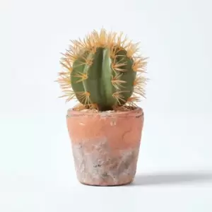 Homescapes - Small Round Artificial Cactus in Terracotta Pot, 15cm Tall - Orange & Green