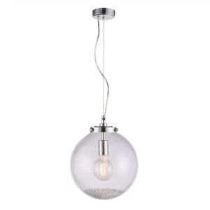 1 Light Pendant Globe Chrome, Glass With Bubbles, E27