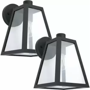 Loops - 2 pack IP44 Outdoor Wall Light Black Trapeze Lantern 1x 60W E27 Porch Lamp