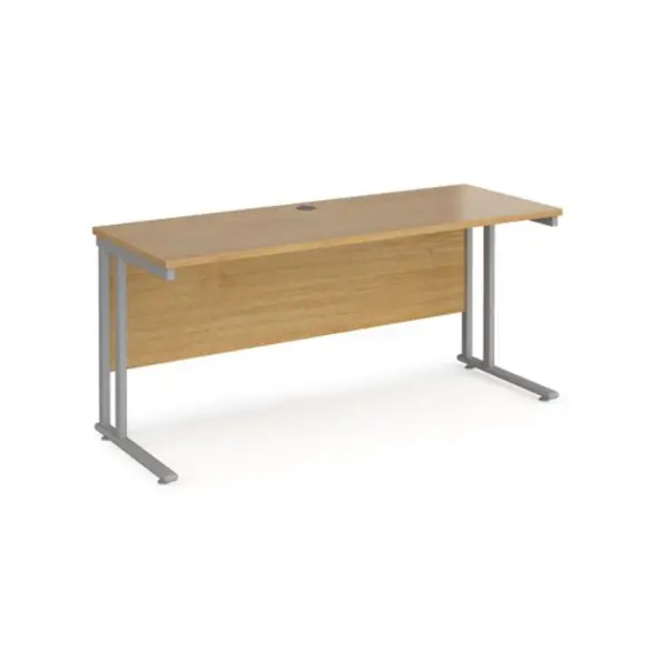 Office Desk 1600mm Rectangular Desk With Cantilever Leg Oak Tops With Silver Frames 600mm Depth Maestro 25