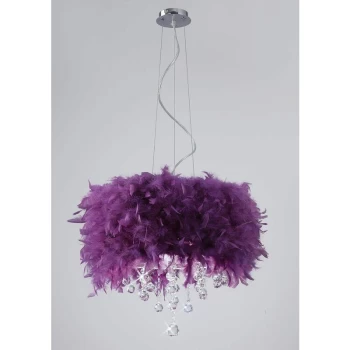 Ibis pendant light with purple feather shade 3 polished chrome / crystal bulbs