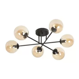 Brendi Black Globe Multi Arm Semi Flush Ceiling light with Amber Glass Shades, 6x E14