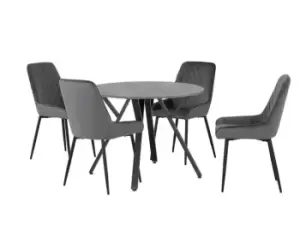 Seconique Athens Concrete Effect Round Dining Table with 4 Avery Grey Velvet Chairs