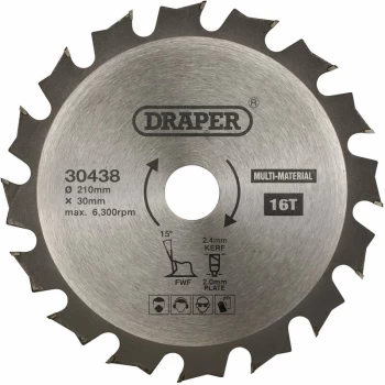 TCT Multi Purpose Circular Saw Blade, 210 x 30mm, 16T [30438] - Draper