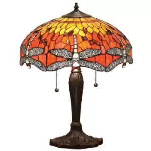 Interiors Dragonfly Flame - 2 Light Medium Table Lamp Dark Bronze, Yellow, Tiffany Style Glass, E27