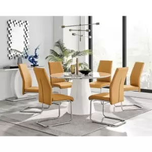 Furniturebox Palma White Marble Effect 120cm Round Minimalist Dining Table & 6 Mustard Lorenzo Silver Leg Faux Leather Chairs