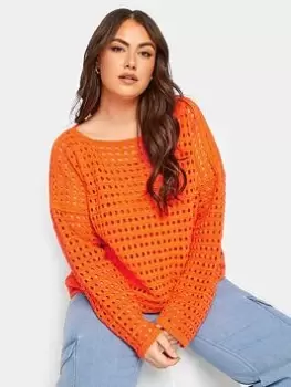 Yours Long Sleeve Crochet Jumper - Orange, Size 22-24, Women