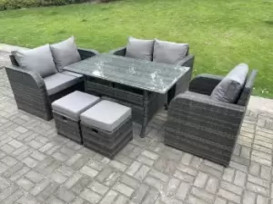 Fimous 5 Seater Outdoor Dark Grey Rattan Lounge Complete Sofa Set with Rectangular Dining Table, Reclining Chair and 2 Stools