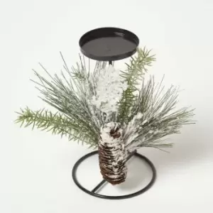 Frosted Artificial Pine Branch Christmas Candle Holder - White & Green - White & Green - White & Green - Homescapes