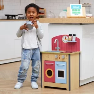 Teamson Kids Little Chef Porto Classic Small Wooden Kitchen Playset with Interactive Features and 4 Pretend Play Cooking Accessories Red/Natural