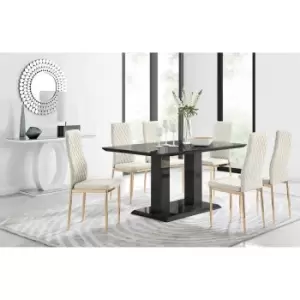 Furniture Box Imperia 6 Black Dining Table and 6 Cream Velvet Milan Gold Leg Chairs