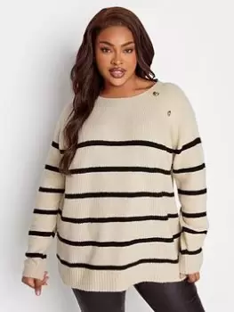 Yours Stripe Button Detail Jumper, Natural, Size 18-20, Women