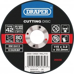 Draper Depressed Centre Stone Cutting Disc 115mm 3.2mm 22mm